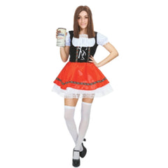 Adult beer girl red costume with black bodice, red skirt, and over-the-knee white stockings for Oktoberfest