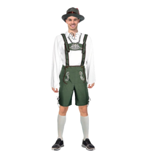 Adult beer man green Oktoberfest costume with white shirt, green lederhosen, socks, and green feathered hat