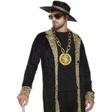 Close-up of adult black pimp costume showing coat, hat and costume details