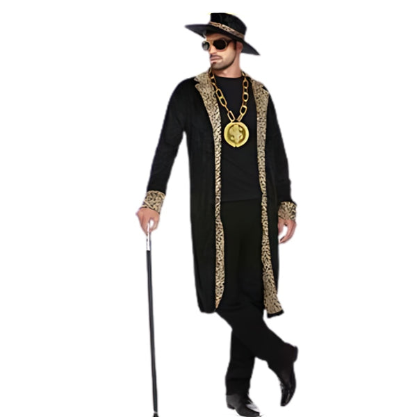 Adult black pimp costume with leopard trim and oversized pimp hat.