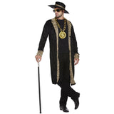 Adult black pimp costume with long black coat, hat and matching accessories