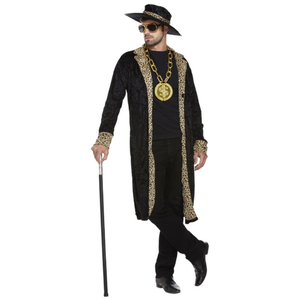 Adult black pimp costume with long black coat, hat and matching accessories