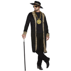 Adult black pimp costume with long black coat, hat and matching accessories