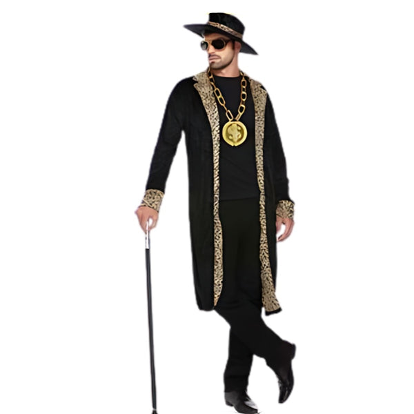 Adult black pimp costume with velveteen jacket and leopard trim hat – party outfit