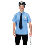 Adult Blue Police Costume with short-sleeve shirt, black cap, tie, and plastic handcuffs – ideal for Halloween or uniform parties