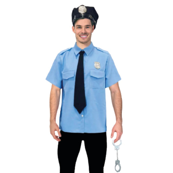 Adult Blue Police Costume with short-sleeve shirt, black cap, tie, and plastic handcuffs – ideal for Halloween or uniform parties