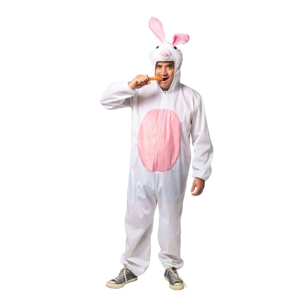 Adult bunny jumpsuit costume with rabbit hood for Easter events and themed parties