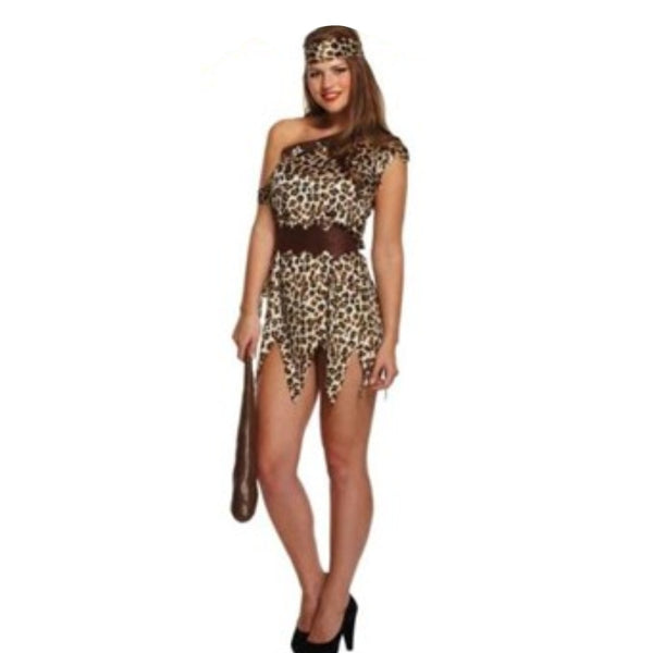 Adult cave woman costume, jagged hem line in leopard print and headband.