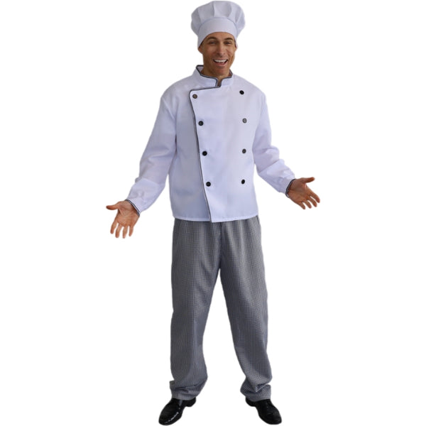 Adult Chef Costume with white jacket, check pants and hat front view