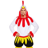 Adult chicken costume with white top, black shorts and chicken headpiece front view