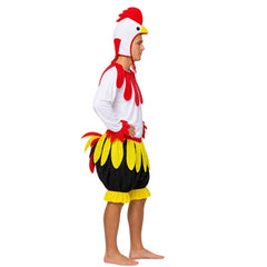 Adult chicken costume with white top, black shorts and chicken headpiece front view
