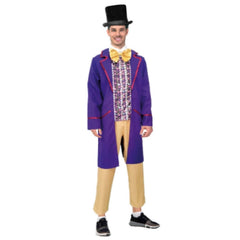 Adult Chocolatier costume with purple jacket, printed top, and beige pants – Book Week character outfit