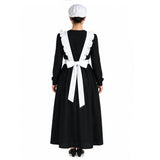 Back view of adult colonial apron with frilled shoulder straps and mop hat
