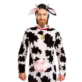 Person wearing a cow costume with black and white pattern, pink ears, and a bell on a white background.