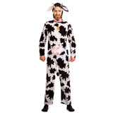Adult cow jumpsuit costume with black and white cow print, hood and detachable tail