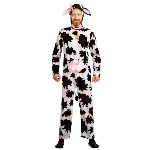 Adult cow jumpsuit costume with black and white cow print, hood and detachable tail