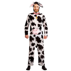 Adult cow jumpsuit costume with black and white cow print, hood and detachable tail