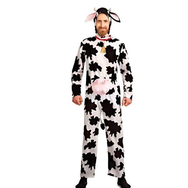 adult cow jumpsuit costume with pink teats and seperate matching hood.