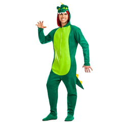Adult green dinosaur costume with hooded jumpsuit and attached tail