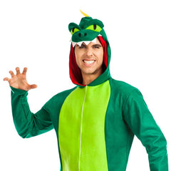 Adult green dinosaur costume with hooded jumpsuit and attached tail