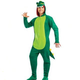 adult dinosaur costume in emerald green with lime tummy, attached hood with head and attached tail.