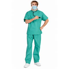 Adult green doctor scrubs costume with shirt and trousers front view