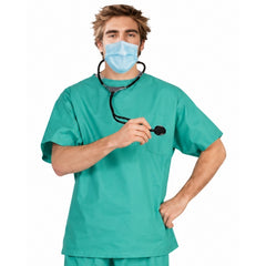 Adult green doctor scrubs costume with shirt and trousers front view
