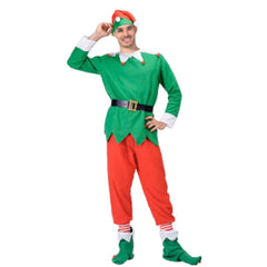 Adult Elf Man Costume – festive green and red Christmas outfit with hat, belt, and shoe covers