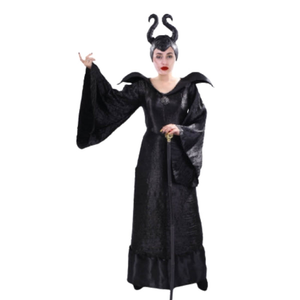 Adult Evil Queen Costume with black gown, trumpet sleeves, wide collar, and horned headpiece – perfect for Halloween, fantasy, or villain cosplay
