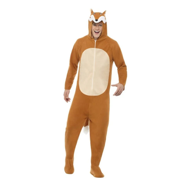 Adult Fox Onesie Costume featuring a hooded jumpsuit with fox face and ears, fluffy tail with white tip, and attached shoe covers.