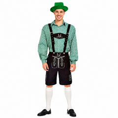 Adult green checked Beer Man Oktoberfest costume with lederhosen hat and socks