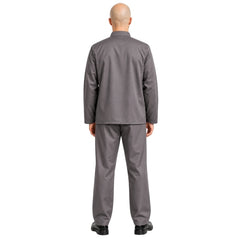 Adult grey villain suit costume with stand-up collar jacket and matching trousers, front view