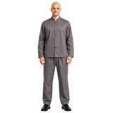 Adult grey villain suit costume with stand-up collar jacket and matching trousers, front view