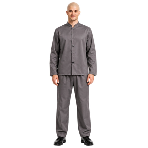 Adult grey villain suit costume with stand-up collar jacket and matching trousers, front view