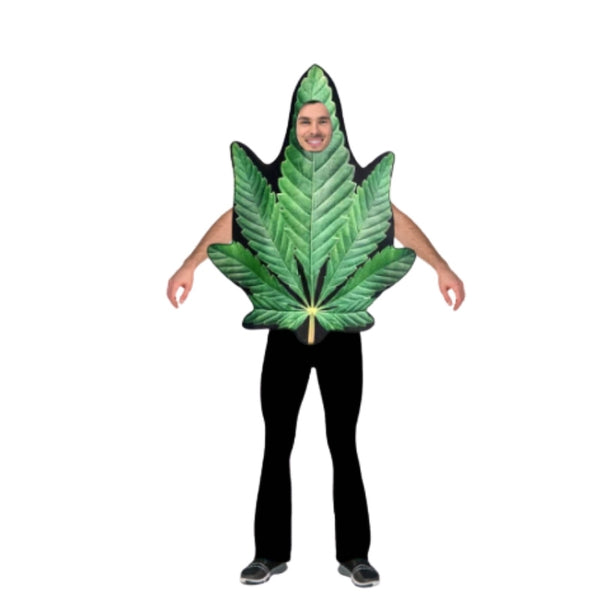 Adult Herb Leaf Costume – green tunic with attached hood, novelty fancy dress outfit for 1960s hippie or party themes