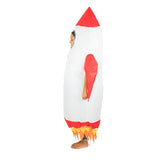 Adult Inflatable Rocket Costume, white cylindical tube with point and fire look coming from the bottom.