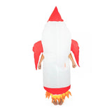 Adult inflatable rocket costume has the fan insertered in the back of the costume.