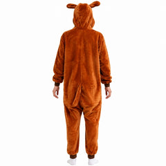 Adult kangaroo jumpsuit costume with hood, pouch with tail