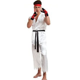 Adult karate costume with satin jacket, pants, black belt, and red headband