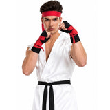 Close-up of white wrap top from adult karate costume