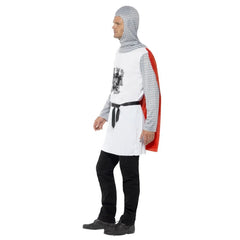 Adult Knight Costume with white tunic, crest, chain mail print sleeves, red cape, and hood – ideal for medieval festivals and fantasy events.