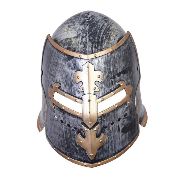 Adult-size knight helmet with gold detailing and moveable face mask, ideal for medieval and fantasy costumes