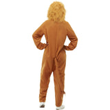Rear view of adult lion jumpsuit showing long tail with fur tuft and hood from behind – ideal for animal parties or Halloween.