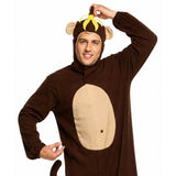 Close up of brown monkey costume jumpsuit for adults with banana hat