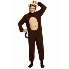 Adult monkey jumpsuit costume with banana headpiece and detachable tail