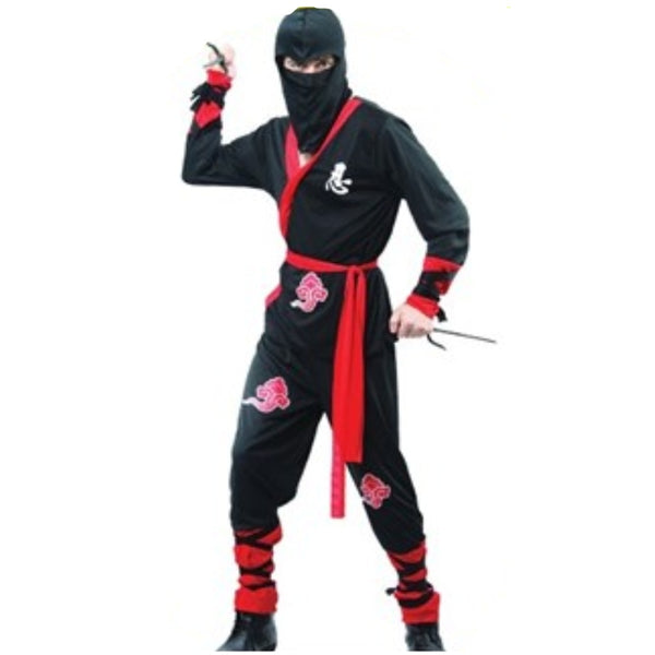 Adult Ninja Man costume featuring shirt with ties, pants with contrasting cuffs, hood, mask, and red sash belt, ideal for Halloween or themed parties.