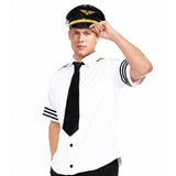 Close-up of adult airline pilot shirt, black tie and navy captain hat