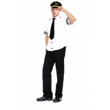 Adult airline pilot costume with white pilot shirt, black tie and navy captain hat