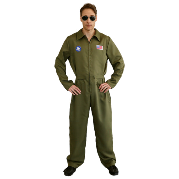 Mens olive green pilot flight suit with chest badges
