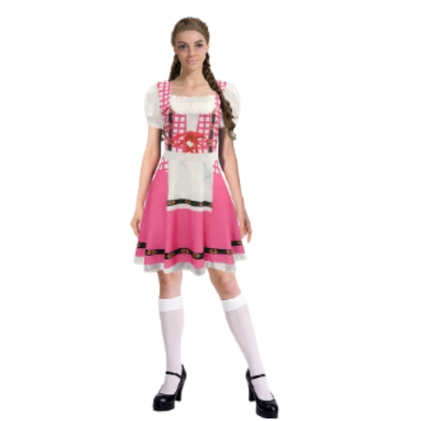 Adult pink beer girl costume with check bodice, apron, braid trim skirt, and knee-high socks for Oktoberfest